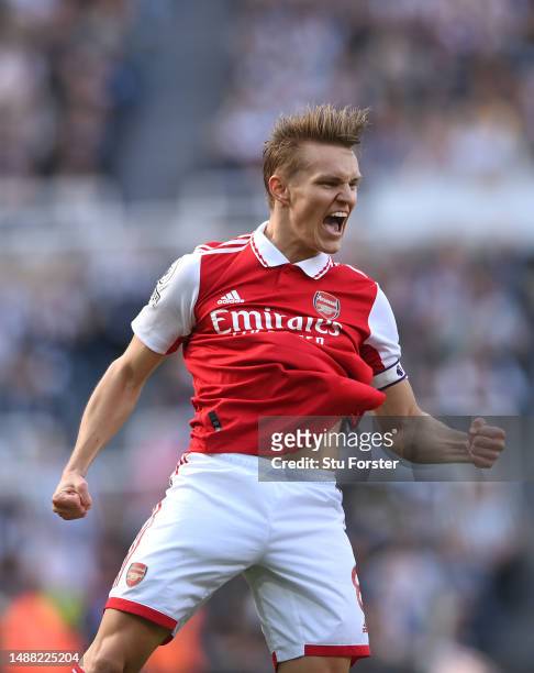 Arsenal player Martin Odegaard celebrates after scoring the first Arsenal goal during the Premier League match between Newcastle United and Arsenal...