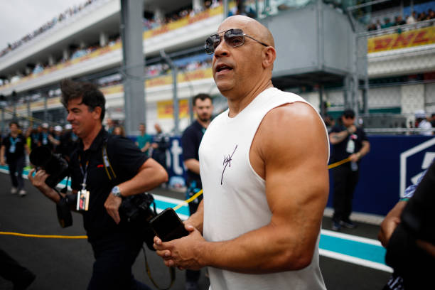 Vin Diesel looks on from the grid prior to the F1 Grand Prix of Miami at Miami International Autodrome on May 07, 2023 in Miami, Florida.