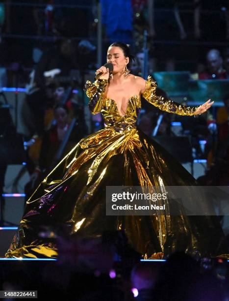 Katy Perry performs on stage during the Coronation Concert on May 07, 2023 in Windsor, England. The Windsor Castle Concert is part of the...