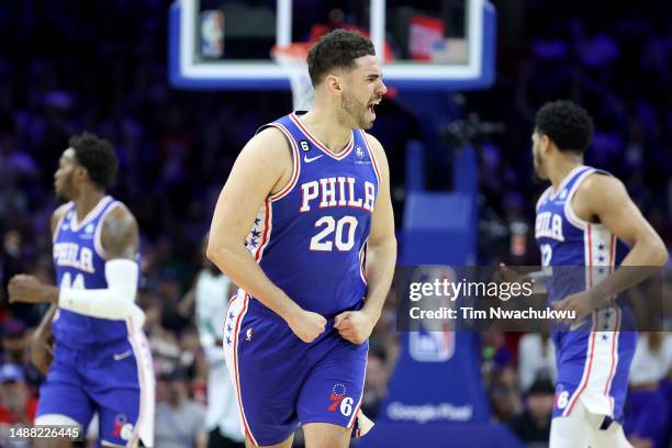 Georges Niang of the Philadelphia 76ers celebrates a basket against the Boston Celtics during the second quarter in game four of the Eastern...