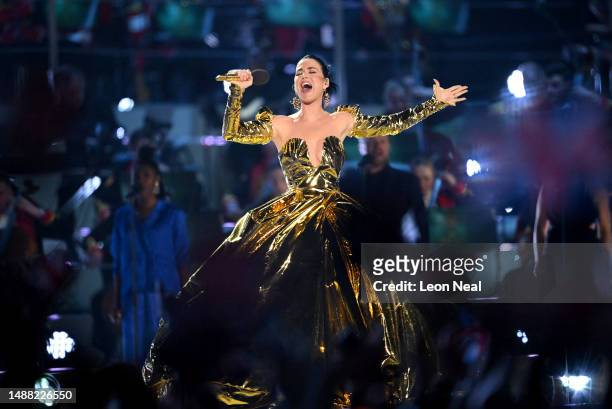 Katy Perry performs on stage during the Coronation Concert on May 07, 2023 in Windsor, England. The Windsor Castle Concert is part of the...