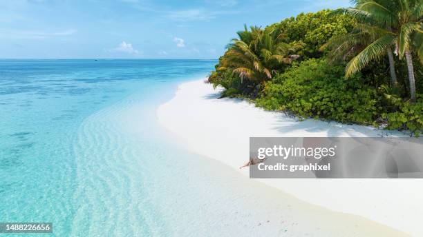 aerial drone view of a woman lying down on a sandy beach - malediven stockfoto's en -beelden