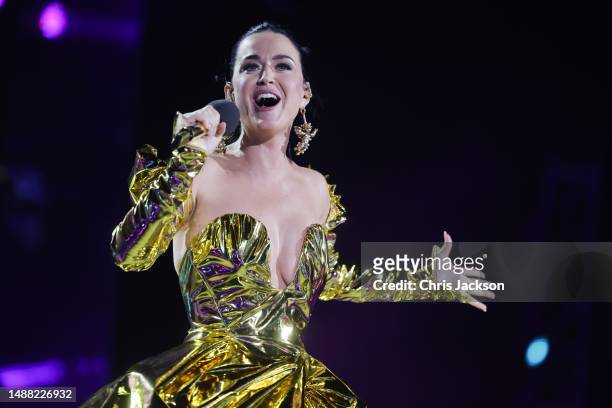 Katy Perry performs on stage during the Coronation Concert on May 07, 2023 in Windsor, England. The Windsor Castle Concert is part of the...