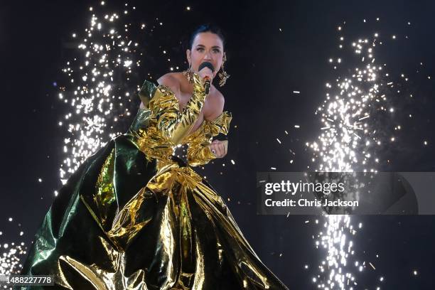 Katy Perry performs on stage during the Coronation Concert on May 07, 2023 in Windsor, England. The Windsor Castle Concert is part of the...