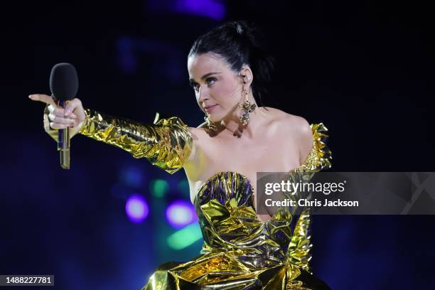 Katy Perry performs on stage during the Coronation Concert on May 07, 2023 in Windsor, England. The Windsor Castle Concert is part of the...