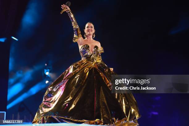 Katy Perry performs on stage during the Coronation Concert on May 07, 2023 in Windsor, England. The Windsor Castle Concert is part of the...