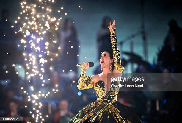 Katy Perry performs on stage during the Coronation Concert on May 07, 2023 in Windsor, England. The Windsor Castle Concert is part of the...