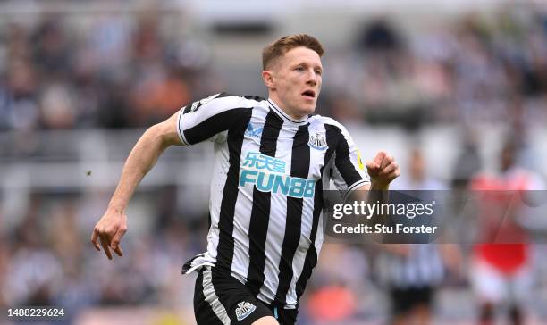 Newcastle player Elliot Anderson in action during the Premier League match between Newcastle United and Arsenal FC at St. James Park on May 07, 2023...