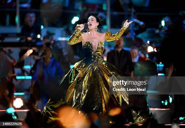 Katy Perry performs on stage during the Coronation Concert on May 07, 2023 in Windsor, England. The Windsor Castle Concert is part of the...