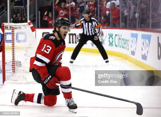 Nico Hischier of the New Jersey Devils celebrates his goal during the second period against the Carolina Hurricanes during Game Three of the Second...