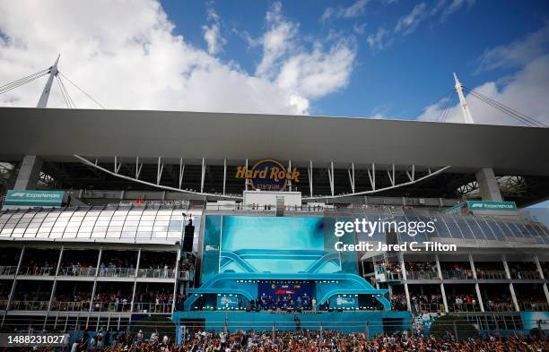 General view as Race winner Max Verstappen of the Netherlands and Oracle Red Bull Racing , Second placed Sergio Perez of Mexico and Oracle Red Bull...
