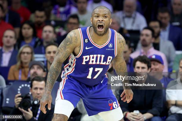 Tucker of the Philadelphia 76ers reacts against the Boston Celtics during the third quarter in game four of the Eastern Conference Second Round...