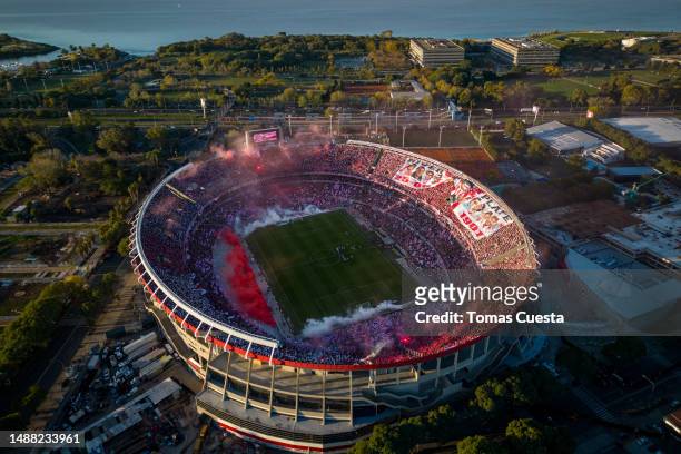 Aerial view of the stadium prior to a Liga Profesional 2023 match between River Plate and Boca Juniors at Estadio Más Monumental Antonio Vespucio...