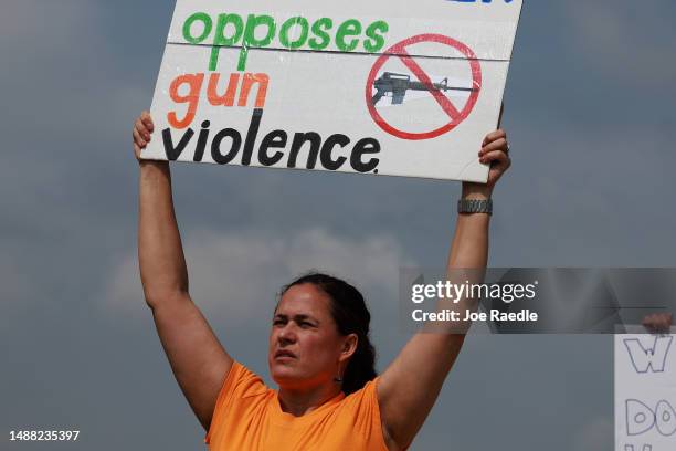 People protest against gun violence outside of the Cotton wood Creek Baptist Church on May 7, 2023 in Allen, Texas. A vigil is being held at the...