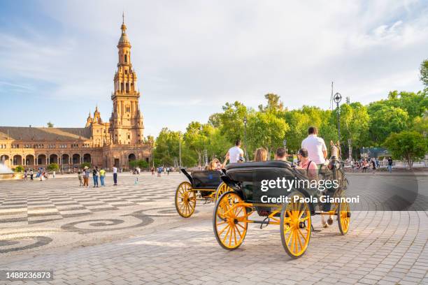 horse carriages in plaza de espana at sunset - horse carriage stock pictures, royalty-free photos & images