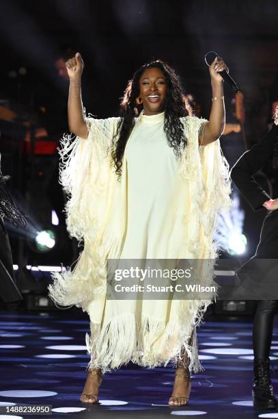 Alexandra Burke performs onstage during the National Lottery's Big Eurovision Welcome event outside St George's Hall on May 07, 2023 in Liverpool,...