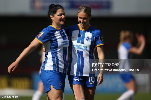 Emma Kullberg celebrates with teammate Dejana Stefanovic after the FA Women's Super League match between Brighton & Hove Albion and West Ham United...