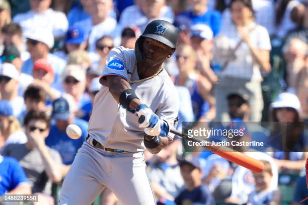 Jazz Chisholm Jr. #2 of the Miami Marlins strikes out in the tenth inning against the Chicago Cubs at Wrigley Field on May 07, 2023 in Chicago,...