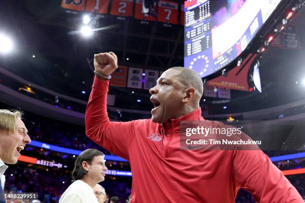 Head Coach Doc Rivers of the Philadelphia 76ers celebrates after defeating the Boston Celtics in overtime of game four of the Eastern Conference...