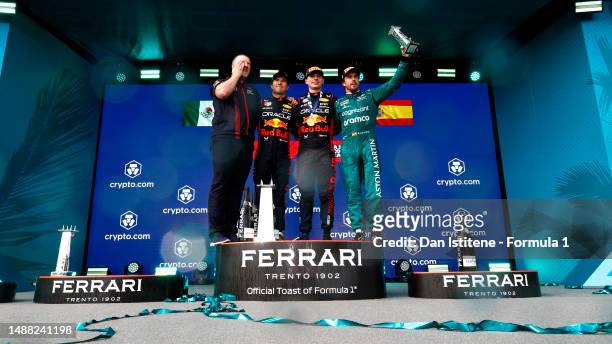 Race winner Max Verstappen of the Netherlands and Oracle Red Bull Racing , Second placed Sergio Perez of Mexico and Oracle Red Bull Racing , Third...