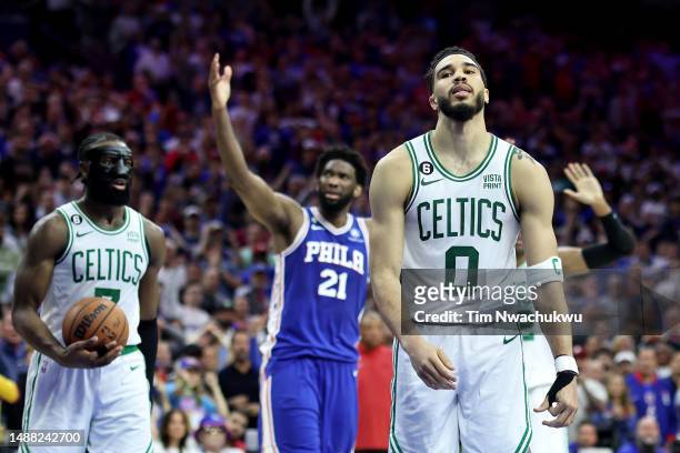 Jayson Tatum of the Boston Celtics reacts against the Philadelphia 76ers during overtime in game four of the Eastern Conference Second Round Playoffs...