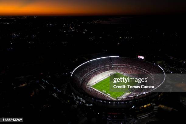 Aerial view of the stadium during a Liga Profesional 2023 match between River Plate and Boca Juniors at Estadio Más Monumental Antonio Vespucio...