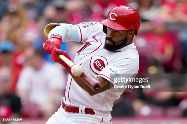 Henry Ramos of the Cincinnati Reds flies out in the first inning against the Chicago White Sox at Great American Ball Park on May 07, 2023 in...