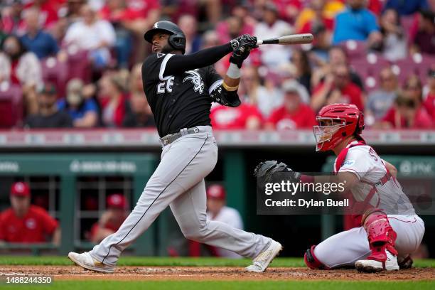 Hanser Alberto of the Chicago White Sox hits a home run in the second inning against the Cincinnati Reds at Great American Ball Park on May 07, 2023...