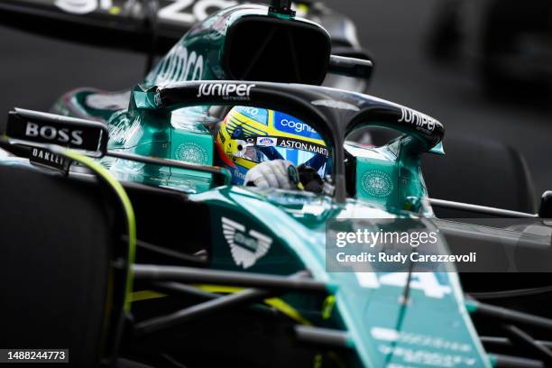 Fernando Alonso of Spain driving the Aston Martin AMR23 Mercedes on track during the F1 Grand Prix of Miami at Miami International Autodrome on May...