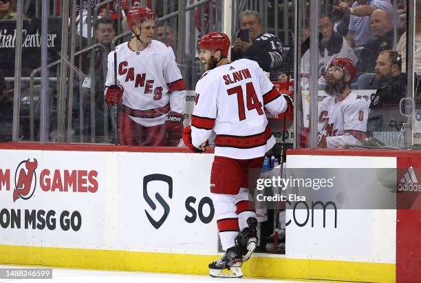 Jaccob Slavin of the Carolina Hurricanes reacts after he is called for a penalty during the third period against the New Jersey Devils in Game Three...