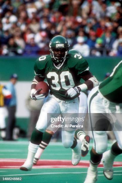 Fullback Brad Baxter of the New York Jets has a long gain in the game between the Miami Dolphins vs the New York Jets at The Meadowlands on November...