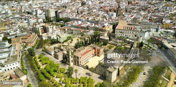 jerez de la frontera, andalusia. aerial view of historic alcazar of jerez de la frontera in southern spain - jerez de la frontera stock pictures, royalty-free photos & images