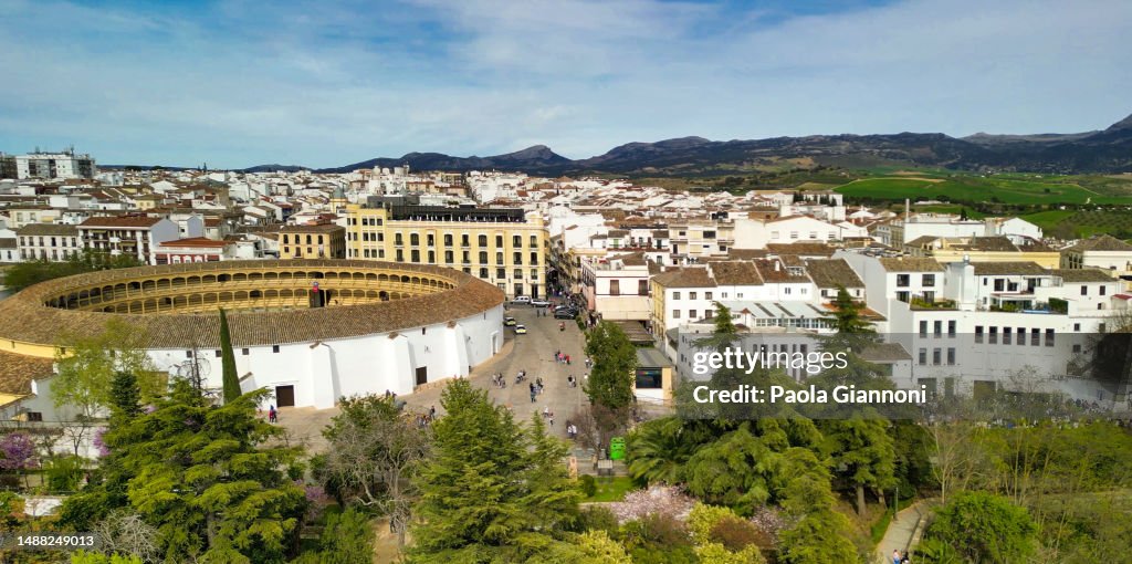 Aerial view of city skyline in Ronda