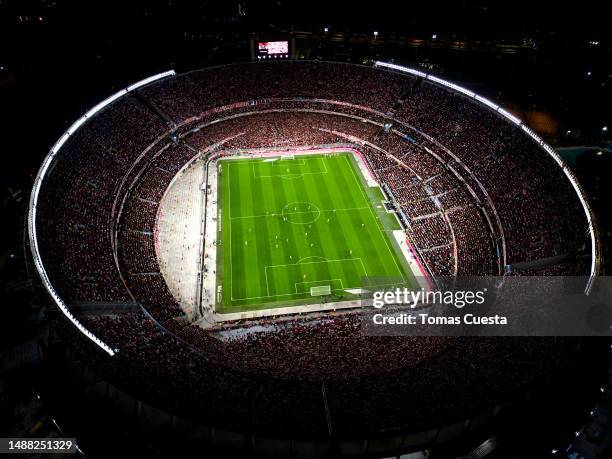 Aerial view of the stadium during a Liga Profesional 2023 match between River Plate and Boca Juniors at Estadio Más Monumental Antonio Vespucio...