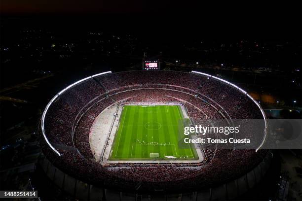 Aerial view of the stadium during a Liga Profesional 2023 match between River Plate and Boca Juniors at Estadio Más Monumental Antonio Vespucio...