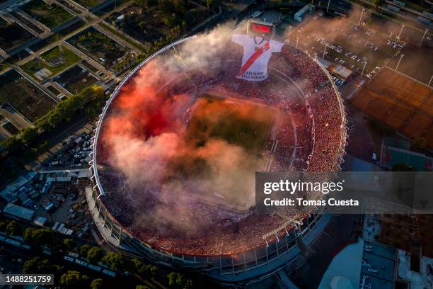 Aerial view of the stadium prior to a Liga Profesional 2023 match between River Plate and Boca Juniors at Estadio Más Monumental Antonio Vespucio...