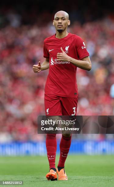 Fabinho of Liverpool FC looks on during the Premier League match between Liverpool FC and Brentford FC at Anfield on May 06, 2023 in Liverpool,...