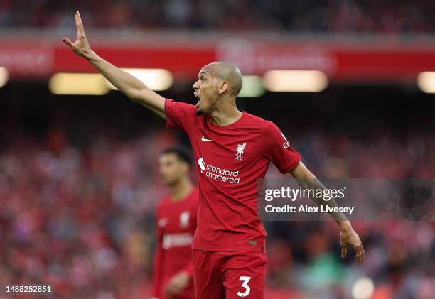 Fabinho of Liverpool FC reacts during the Premier League match between Liverpool FC and Brentford FC at Anfield on May 06, 2023 in Liverpool, England.