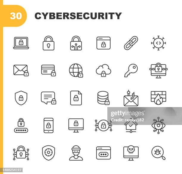 cyber security line icons. editable stroke. pixel perfect. for mobile and web. contains such icons as shield, bug, virus, trojan horse, hacker, thief, network, padlock, pass code, password, identity, phishing, surveillance, firewall, programming, privacy - database stock illustrations