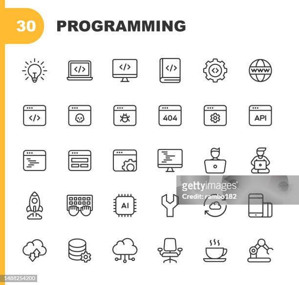 computer programming line icons. editable stroke. pixel perfect. for mobile and web. contains such icons as programming, computer language, software development, coding, virus, error, machine learning, artificial intelligence, agile, hacker, java, sql. - responsives webdesign 幅插畫檔、美工圖案、卡通及圖標