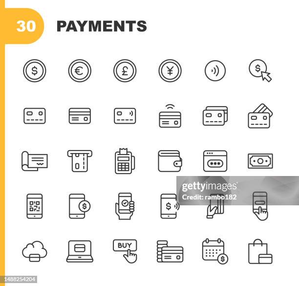 payments line icons. editable stroke. pixel perfect. for mobile and web. contains such icons as bitcoin, currency, credit card, wireless, money, finance, check, atm, cash, wallet, human hand, paying, shopping, sale, refund, security, e-commerce. - market retail space 幅插畫檔、美工圖案、卡通及圖標