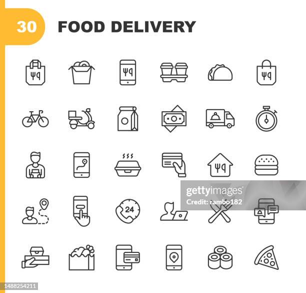 food delivery line icons. editable stroke. pixel perfect. for mobile and web. contains such icons as take out food, mobile app, bag, container, location tracking, food truck, motor scooter, contactless payments, coffee, eating, restaurant, sushi. - chinese takeaway stock illustrations