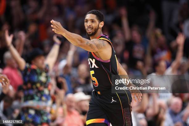 Cameron Payne of the Phoenix Suns reacts to a three-point shot against the Denver Nuggets during the first half of Game Four of the NBA Western...