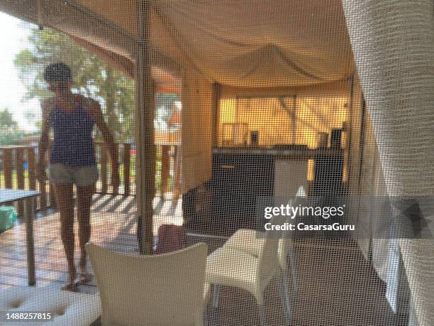 mosquito netting on a tent window - mosquito netting stock pictures, royalty-free photos & images