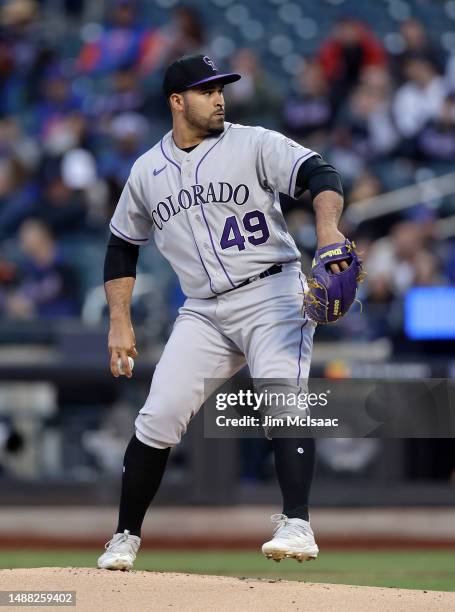 Antonio Senzatela of the Colorado Rockies in action against the New York Mets at Citi Field on May 05, 2023 in New York City. The Mets defeated the...