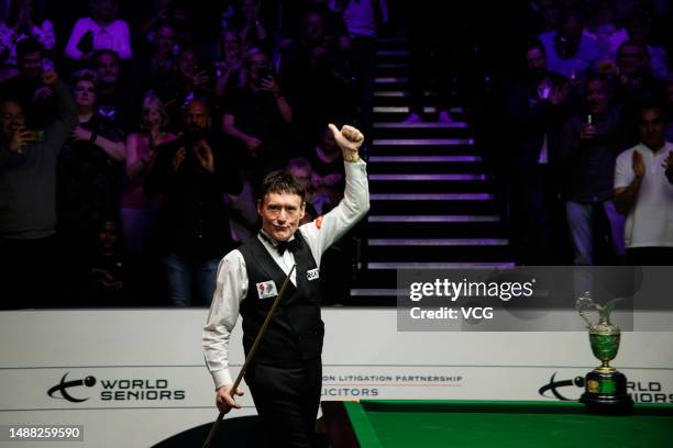 Jimmy White of England celebrates after winning the final match against Alfie Burden of England on day 5 of the 2023 LLP Solicitors World Seniors...