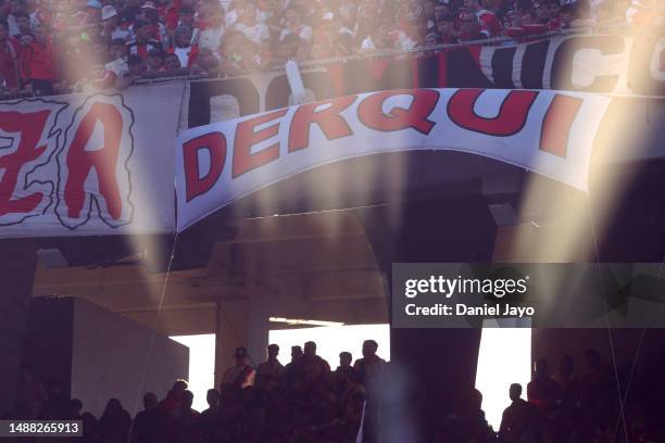 Fans of River cheer during a Liga Profesional 2023 match between River Plate and Boca Juniors at Estadio Más Monumental Antonio Vespucio Liberti on...