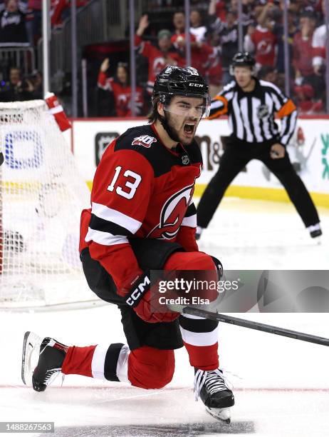 Nico Hischier of the New Jersey Devils celebrates his goal during the second period against the Carolina Hurricanes during Game Three of the Second...