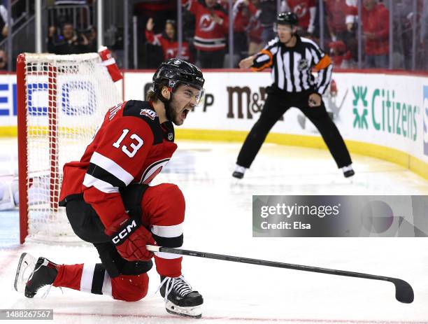 Nico Hischier of the New Jersey Devils celebrates his goal during the second period against the Carolina Hurricanes during Game Three of the Second...