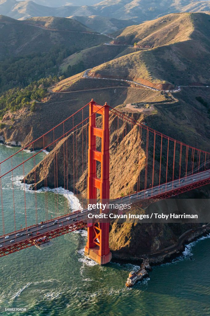 Golden Hate Bridge with Marin Headlands in Backdrop - Aerial Photo